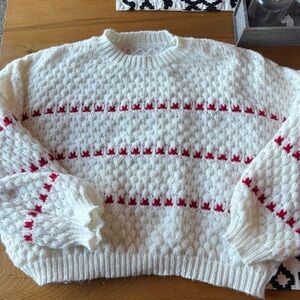Shein Cozy White Red Patterned cropped knit Sweater womens size XL